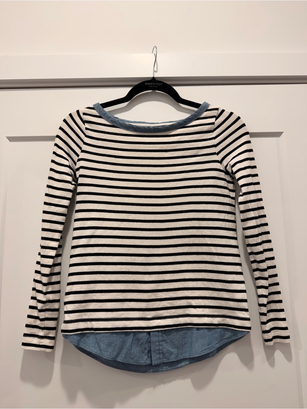 LOFT Black and White Striped Long-Sleeve Top with Blue Denim-Look Hem